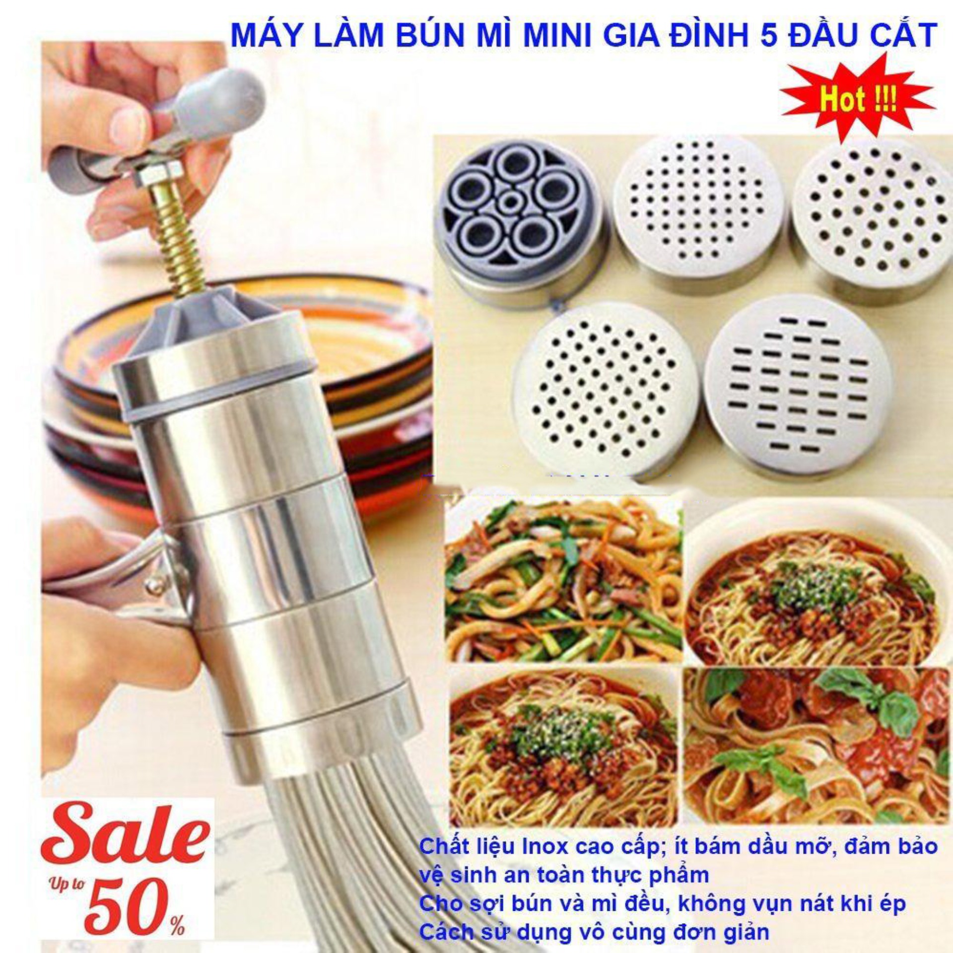 Máy làm bún 5 lưỡi, Máy làm bún tươi 5 lưỡi, Máy làm mì sợi tại nhà - 5 lưỡi cho 5 dạng sợi khác nhau - Khuôn làm bánh lọt - BH Uy Tín 1 Đổi 1