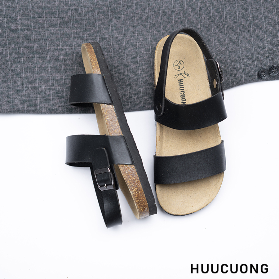 Giày Sandal đế trấu unisex 2 quai da pu đen