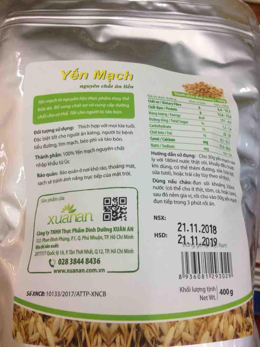 Yến mạch nguyên chất ăn liền 400gr