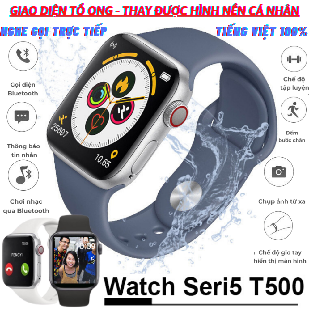 ĐỒNG HỒ THÔNG MINH T500 - SMART WATCH SERIES 5 T500 - Thay được hình nền tùy ý từ điện thoại -Thiết kế thời thượng,thông minh - Chống nước - Gọi điện nghe nhạc trực tiếp - Thông báo tin nhắn - Giao diện tổ ong 100% Tiếng Việt