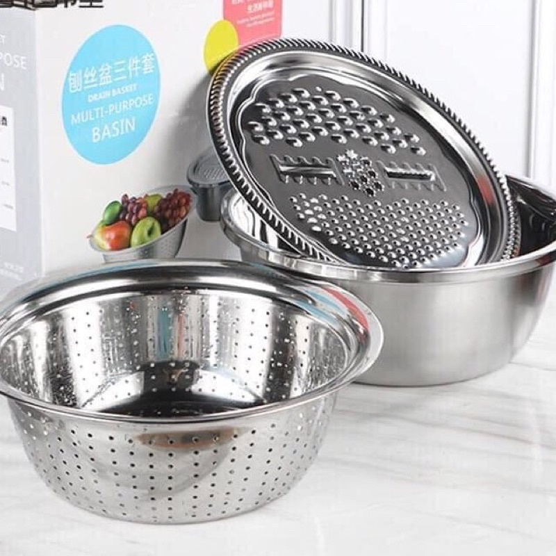 Bộ chậu + rổ + nạo rau củ inox đa năng 3in1 cao cấp - rổ ibox kèm nạo rau củ tiện dụng