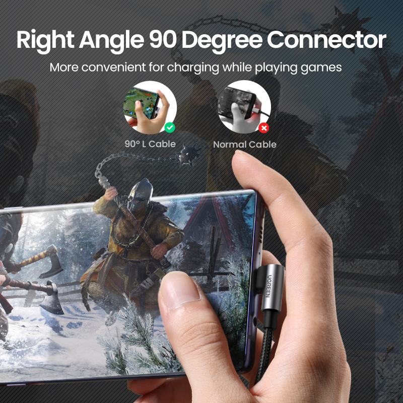 UGREEN Cáp USB C Nylon Cáp Sạc Nhanh 90 Độ Cáp Loại C, Dành Cho Xiaomi Redmi Note 9 SRedmi Note 9S Tiện Lợi Cáp Pubg Chơi Game Dành Cho Xiaomi A1/A2Mi 6/ Mi 8/Pocophone F1/Redmi Note 7/Huawei Nova 3/P9/Samsung Note 9/S8, V. V.  Model:20855