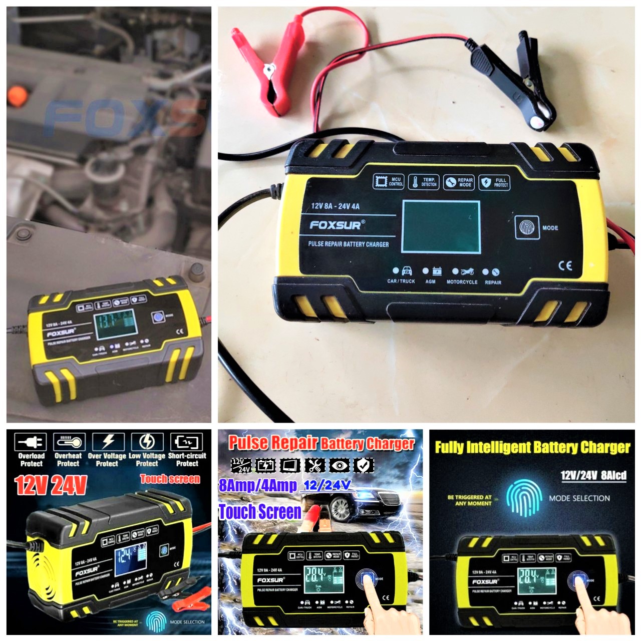 Sạc ắc quy FOXSUR 12V - 24v 6Ah - 150Ah thông minh có khử sunfat phục hồi bình hàng cao câp tự ngắt khi đầy