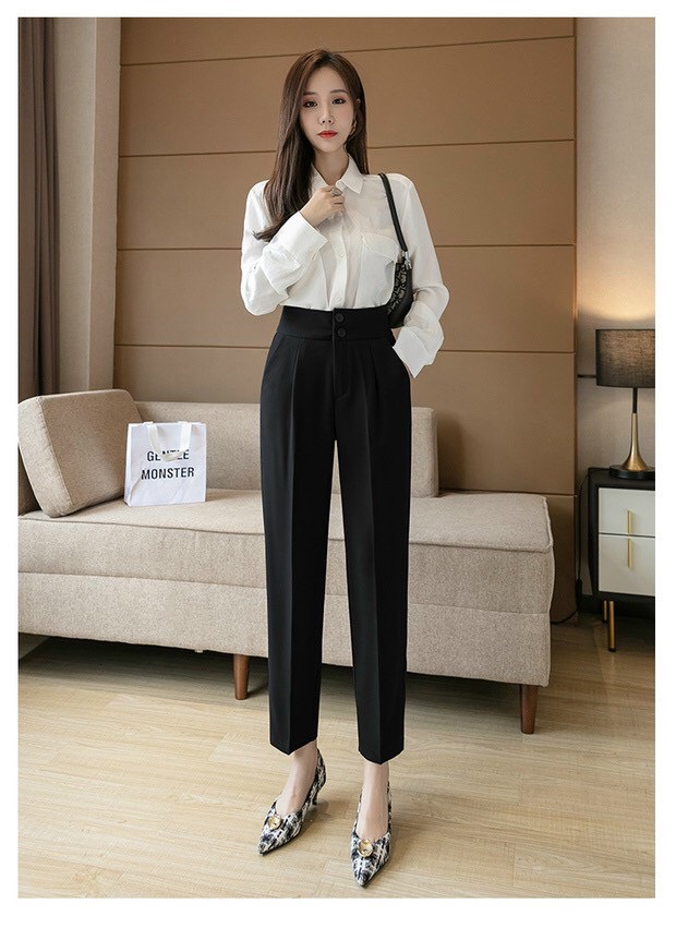 Quần baggy nữ 2 khuy dọc cạp lưng cao quần tây công sở