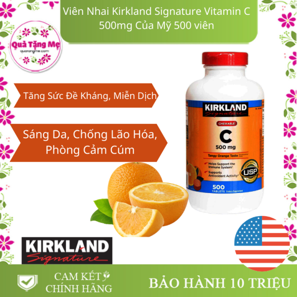 Viên Nhai Kirkland Signature Vitamin C 500mg Của Mỹ 500 viên Tăng Cường Hệ Miện Dịch, Sức Đề Kháng, Sáng Da, Chống Lão Hóa, Phòng Cảm Cúm nhập khẩu