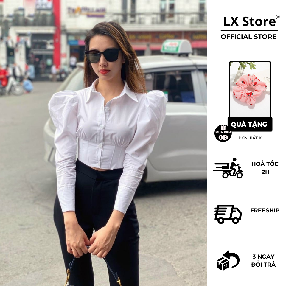 Áo sơ mi croptop vai phồng tay dài classic
