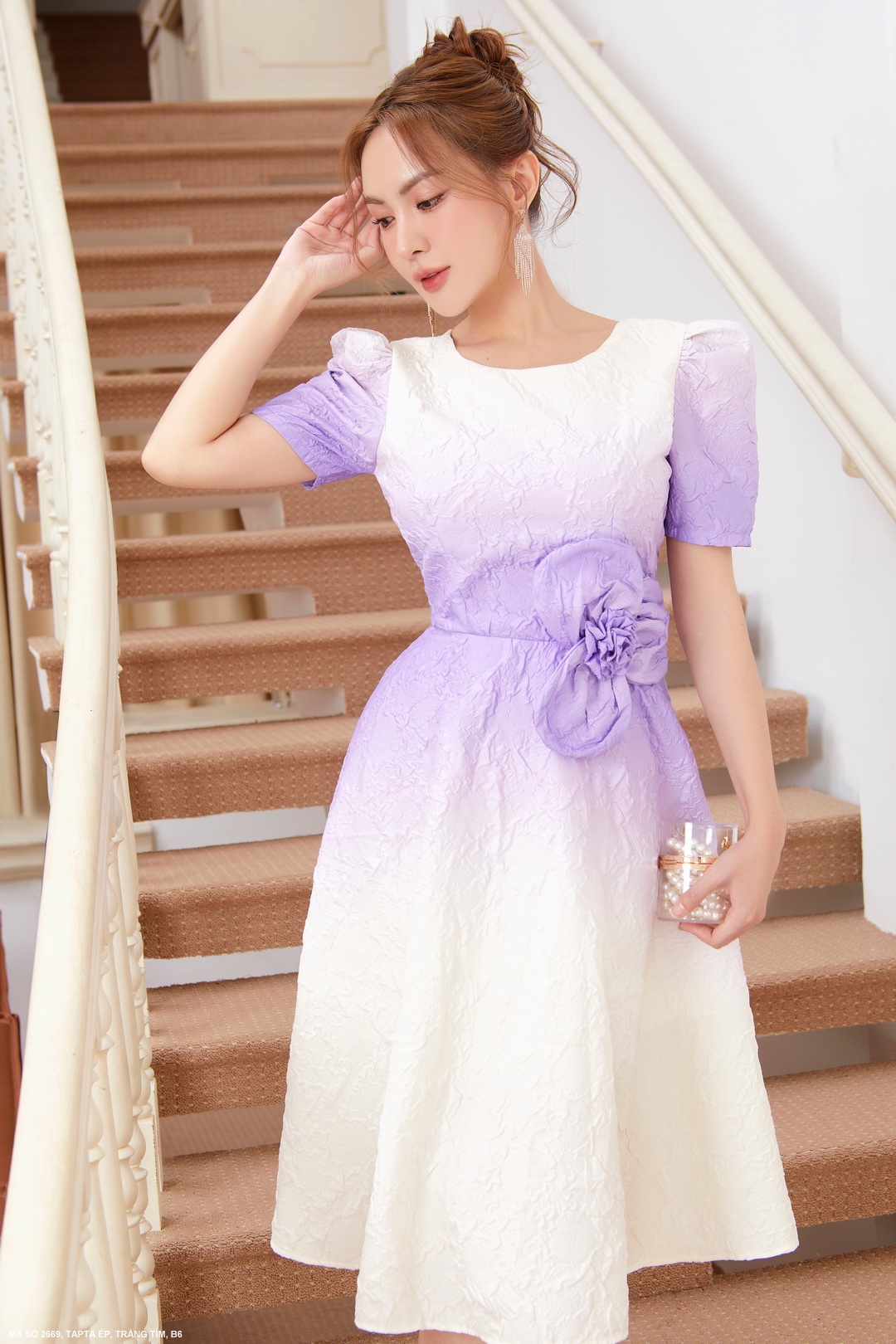 MYDU SHOP | MS 2669 – Đầm Xòe Tím Hoa Eo Dự Tiệc Sang Trọng