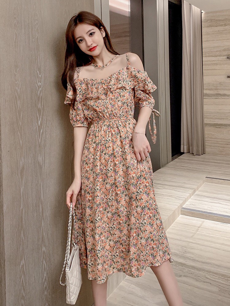 Đầm Xòe Hoa Nhí Voan Hot Trend Hàn Quốc Trễ Vai Phối Dây Nơ Ở Cổ Và Tay Xinh Xinh TTSA0626