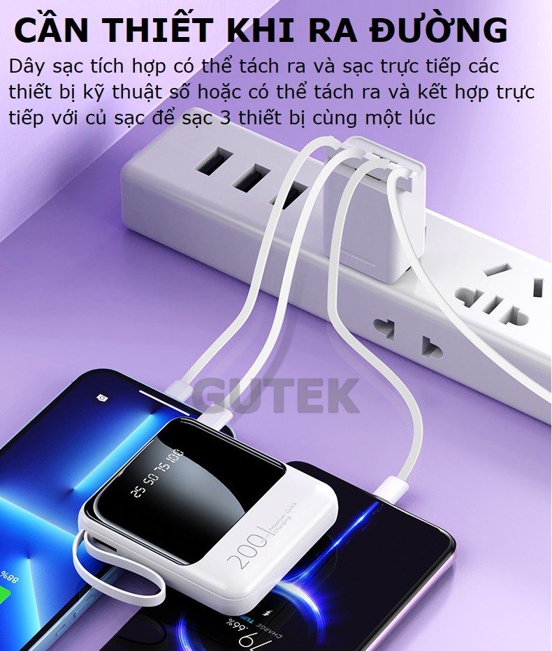 Sạc dự phòng 20000mAh Gutek P301 dung lượng pin lớn tích hợp dây sạc nhanh cho nhiều thiết bị điện thoại