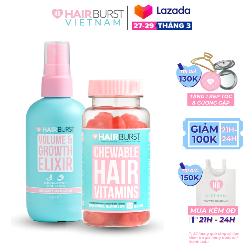 Combo Kẹo Dẻo + Xịt Dưỡng Làm Phồng, Kích Thích Mọc Tóc HAIRBURST 125ml + 60 Viên