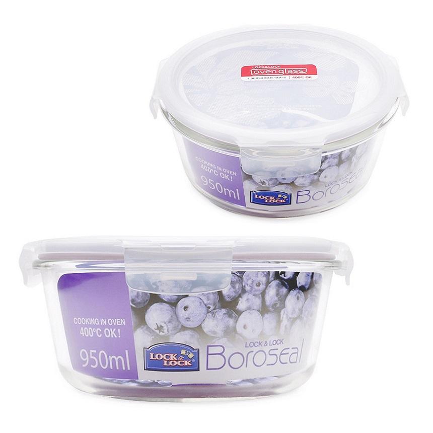 Combo 2 hộp thủy tinh chịu nhiệt Lock and Lock 950ml tròn, hàng chính hãng