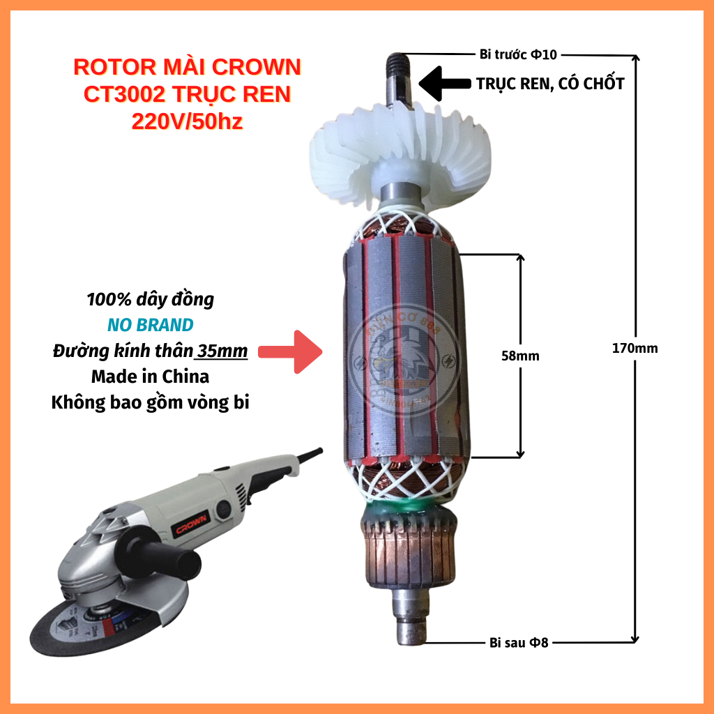 Rotor mài CROWN CT3002 Trục ren Thân 35mm Dài 170mm 220V - Tặng chổi than