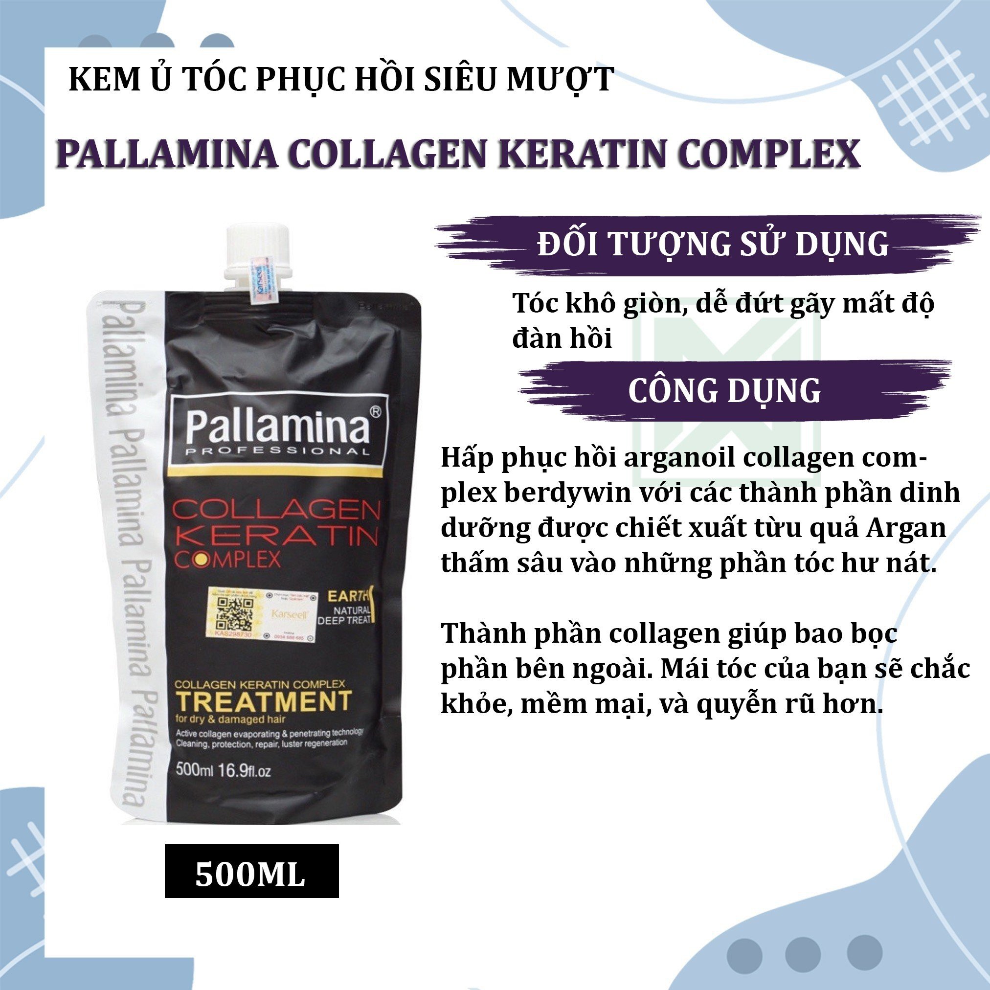 Kem ủ tóc, dầu hấp phục hồi Pallamina Collagen Keratin Complex 500ML