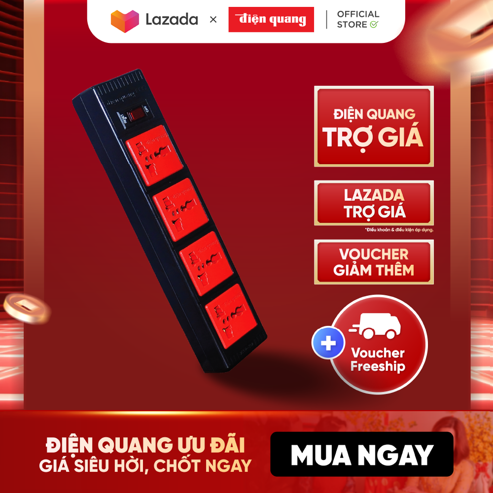 Ổ cắm Điện Quang ECO ĐQ ESK 5BR 43ECO (4 Lỗ 3 chấu, dây dài 5m, màu đen đỏ)
