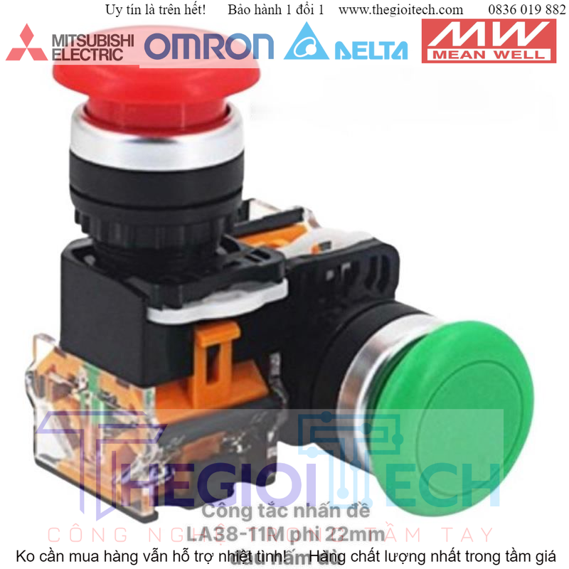 Công tắc nhấn đề LA38-11M phi 22mm đầu nấm dù