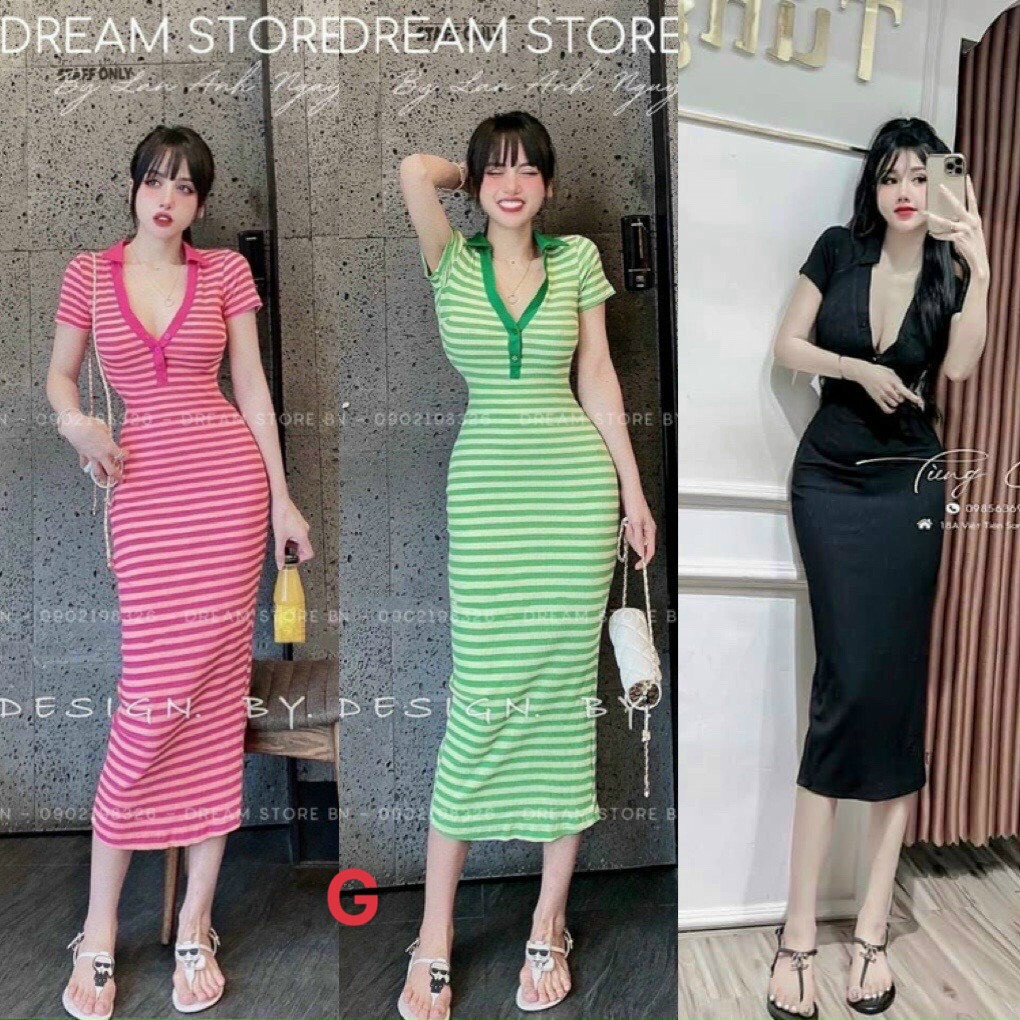 Đầm nữ dáng dài cổ bẻ, váy polo body dáng dài , váy dài cổ xẻ v nhiều màu kẻ sọc, đầm maxi dáng dài cổ vuông cài nút - đầm nữ sọc trắng đen