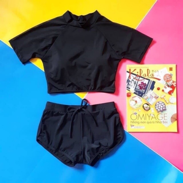 [HCM]Set bơi áo croptop đen ngắn tay
