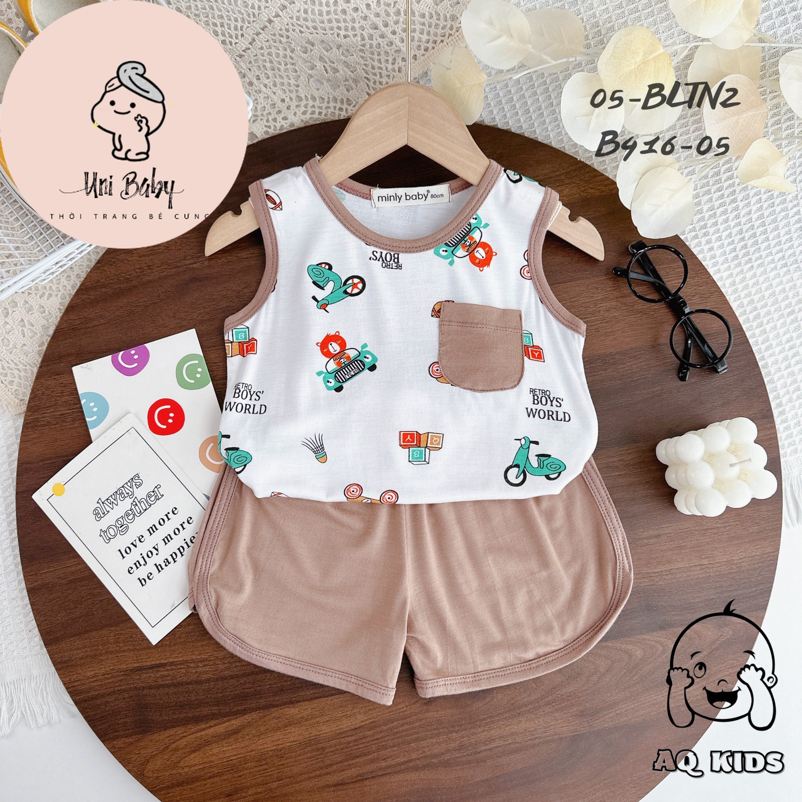 Bộ ba lỗ thun lạnh Minlybaby bé trai bộ quần áo ba lỗ bé trai in hoạ tiết dễ thương phối túi ngực - Unibaby - BLTN2