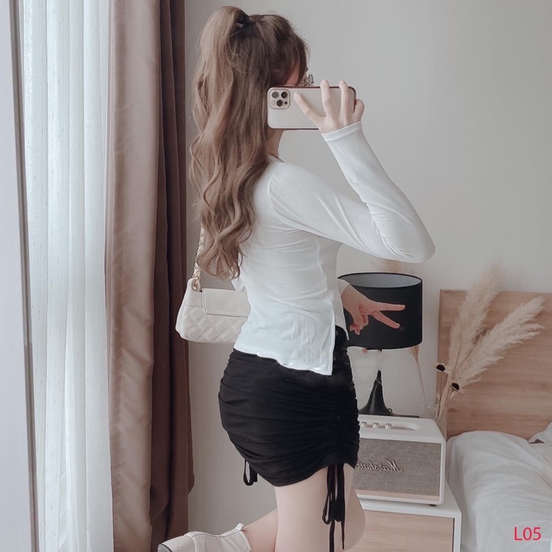 Áo thun nữ tay dài xẻ tà nhún eo,áo kiểu nữ
