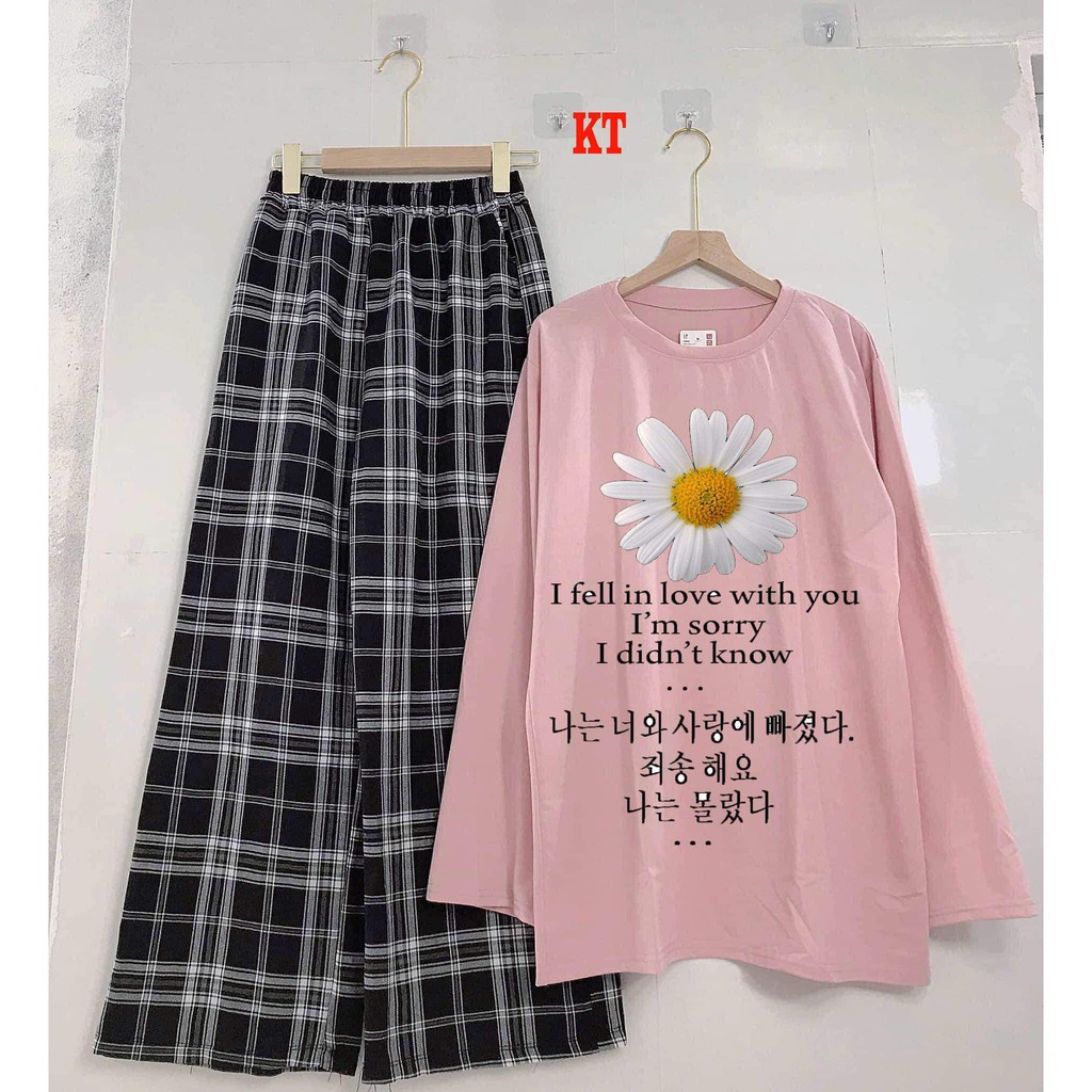 Sét áo thun hoa cúc Fell + quần kẻ ống rộng KTH1120