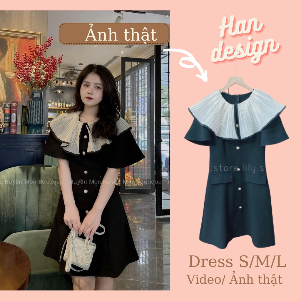 Váy thiết kế cổ bèo dập ly đính cúc ngọc🍸🍸🍸🍸 | Shopee Việt Nam