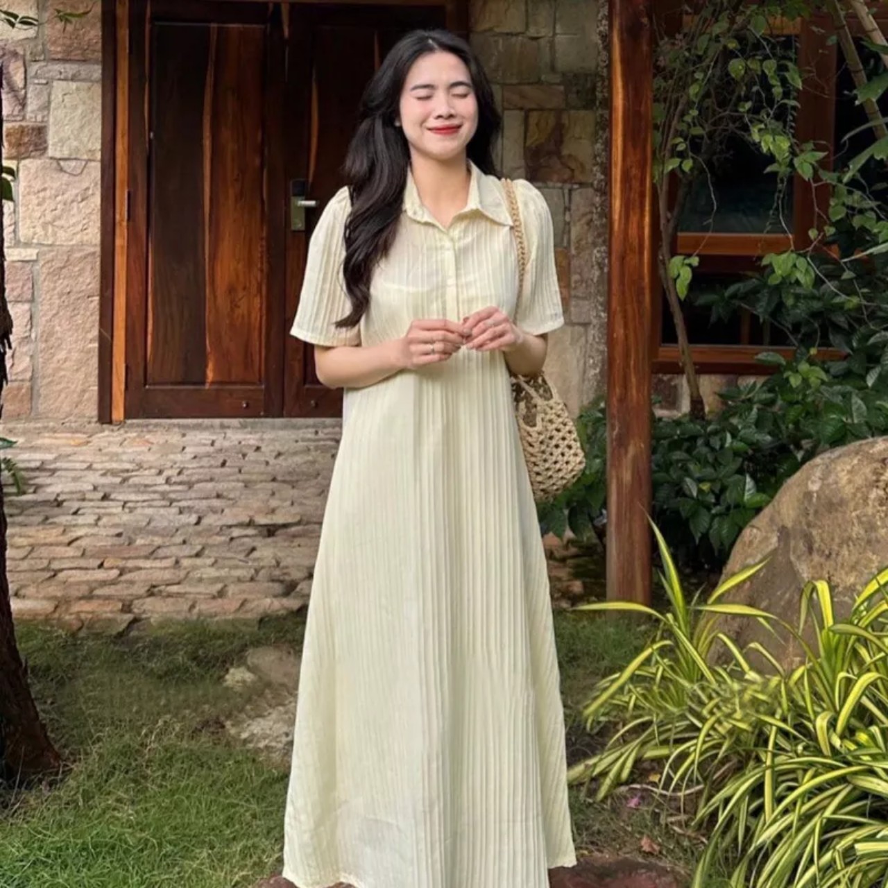 Váy suông cổ polo cộc tay đũi gân dáng xòe đầm suông cổ sơ mi siêu mát