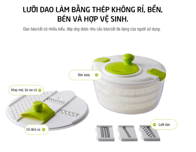 Rổ quay rau li tâm Lock&Lock CKS103 (kèm bộ dụng cụ bào rau củ đa năng - xắt lựu, bào sợi) kt 25*16