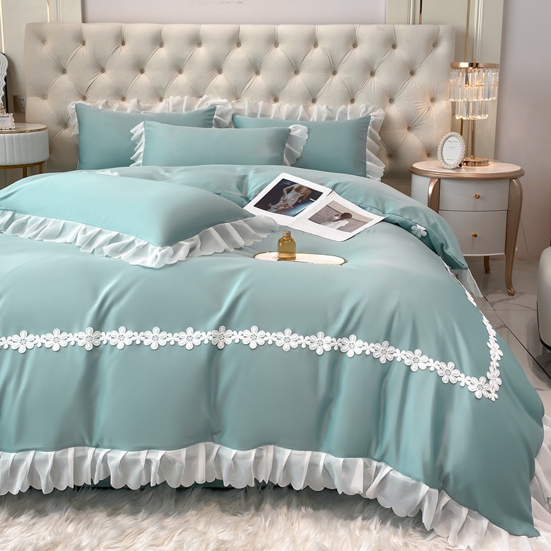 Bộ vỏ chăn ga gối phi lụa phối viền bèo ren nhập khẩu set 4 món