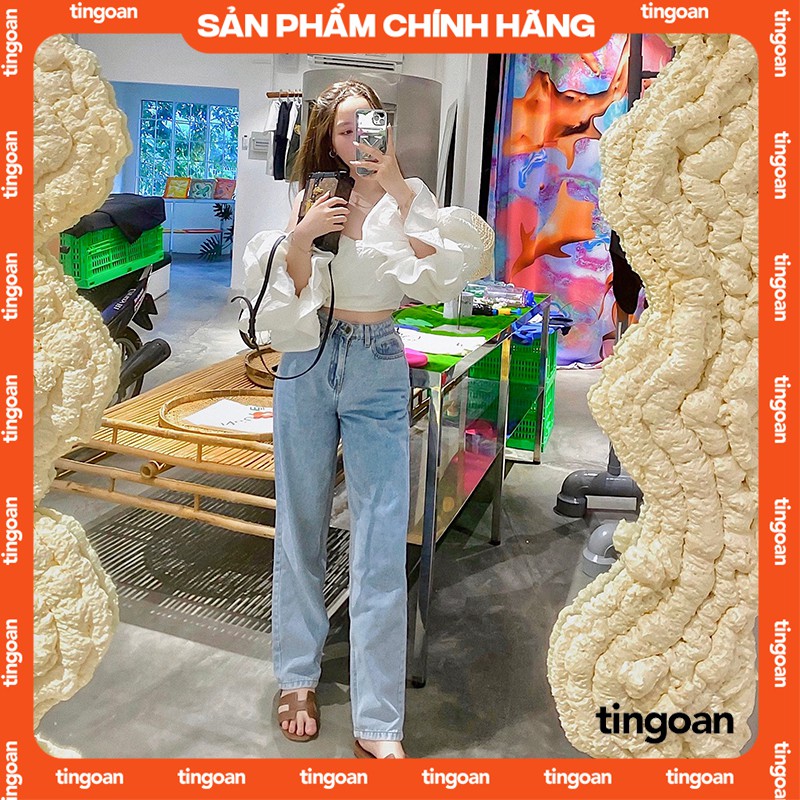 Quần cullotes bò cạp cao ống xuông rộng xanh tingoan DUA LIPA JEANS/LB