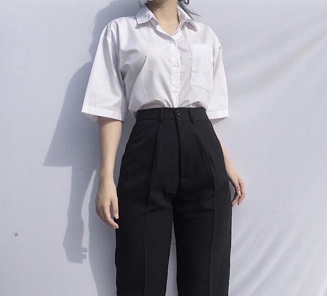 [HCM]Set áo sơ mi trắng form rộng tay lỡ 1 túi quần tây baggy tuyết mưa thanh lịch cho công sở học sinh sinh viên