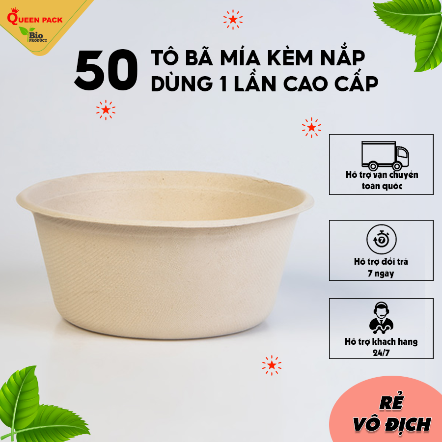 SỈ 50 Tô bã mía size 350ml/500ml/850ml kèm nắp bằng PP cao cấp |dùng đựng canh, bún các món xào, món sốt