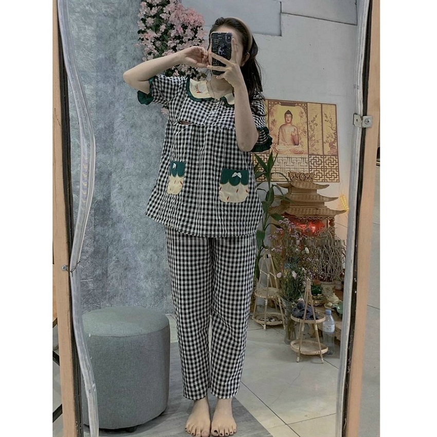 Bộ bầu và sau sinh, chất thô đũi mềm mại nhẹ nhàng, cổ sen, họa tiết kẻ caro trẻ trung, màu sắc xinh tươi, tôn da