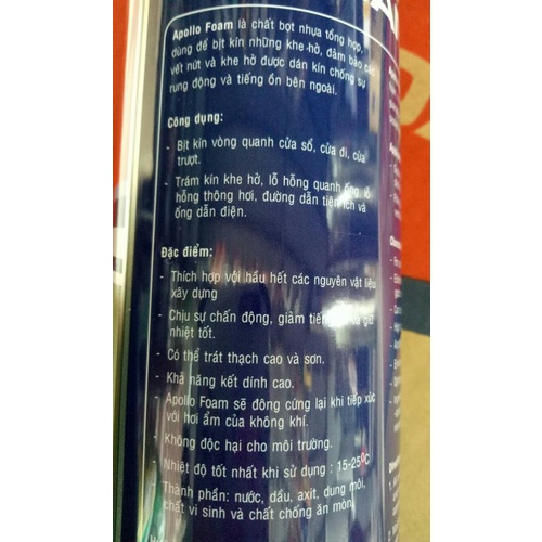 Keo Bọt Nở Apollo Foam 750ml/chai Chính Hãng, Foam Đóng Rắn Trám Kín Vết Nứt, Khe Hở Giá Tốt Npp.