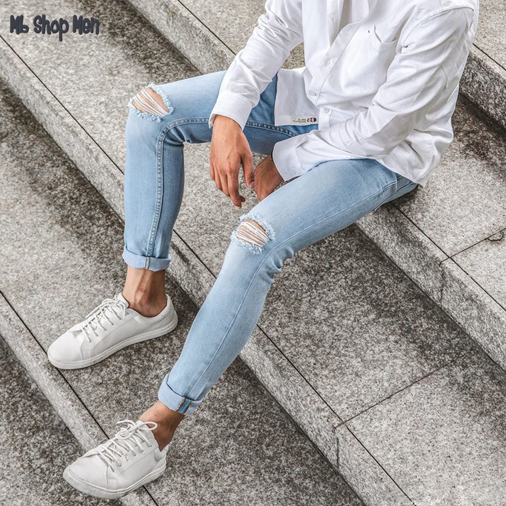 Quần Jean Nam Xanh Nhạt Rách Gối Chính Hãng Mới 2022 Quần Jean Dáng Lửng Co Giãn Thường Ngày Công Sở Quần Denim Cổ Điển Quần Nam