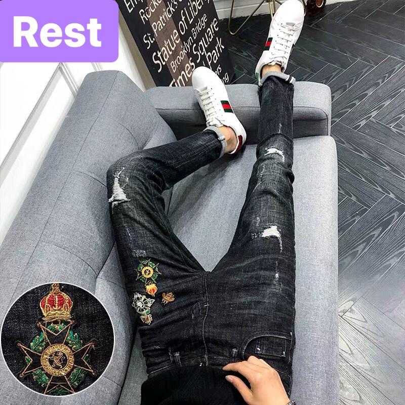 Quần jean nam chất bò đen thêu hoàng gia db-1002 - everest fashion