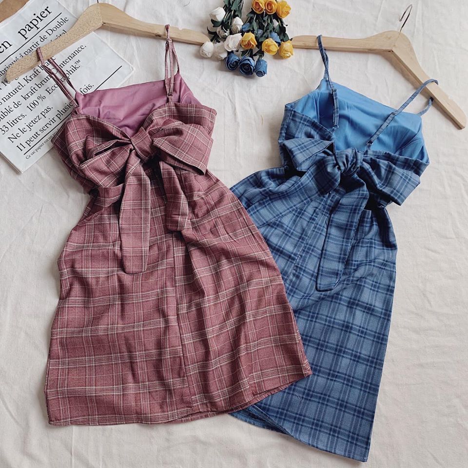 Đầm caro 2 dây cột nơ lưng