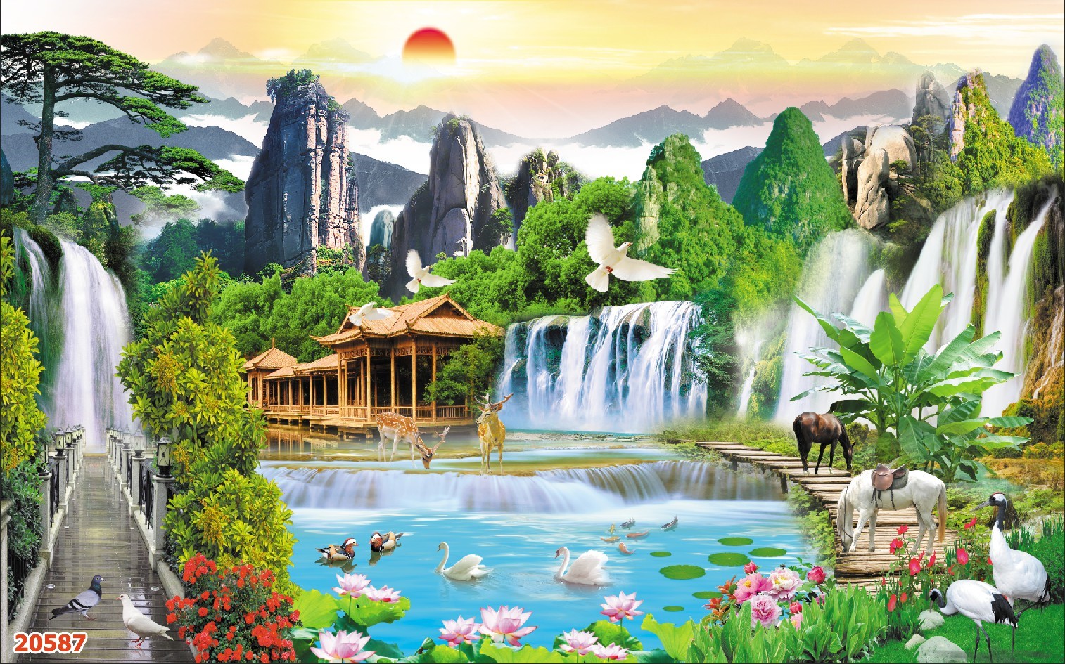 tranh dán tường 3d sơn thủy mã đáo phong cảnh thiên nhiên chất liệu decal pp keo sẵn bóc dán giá rẻ đẹp bền PA