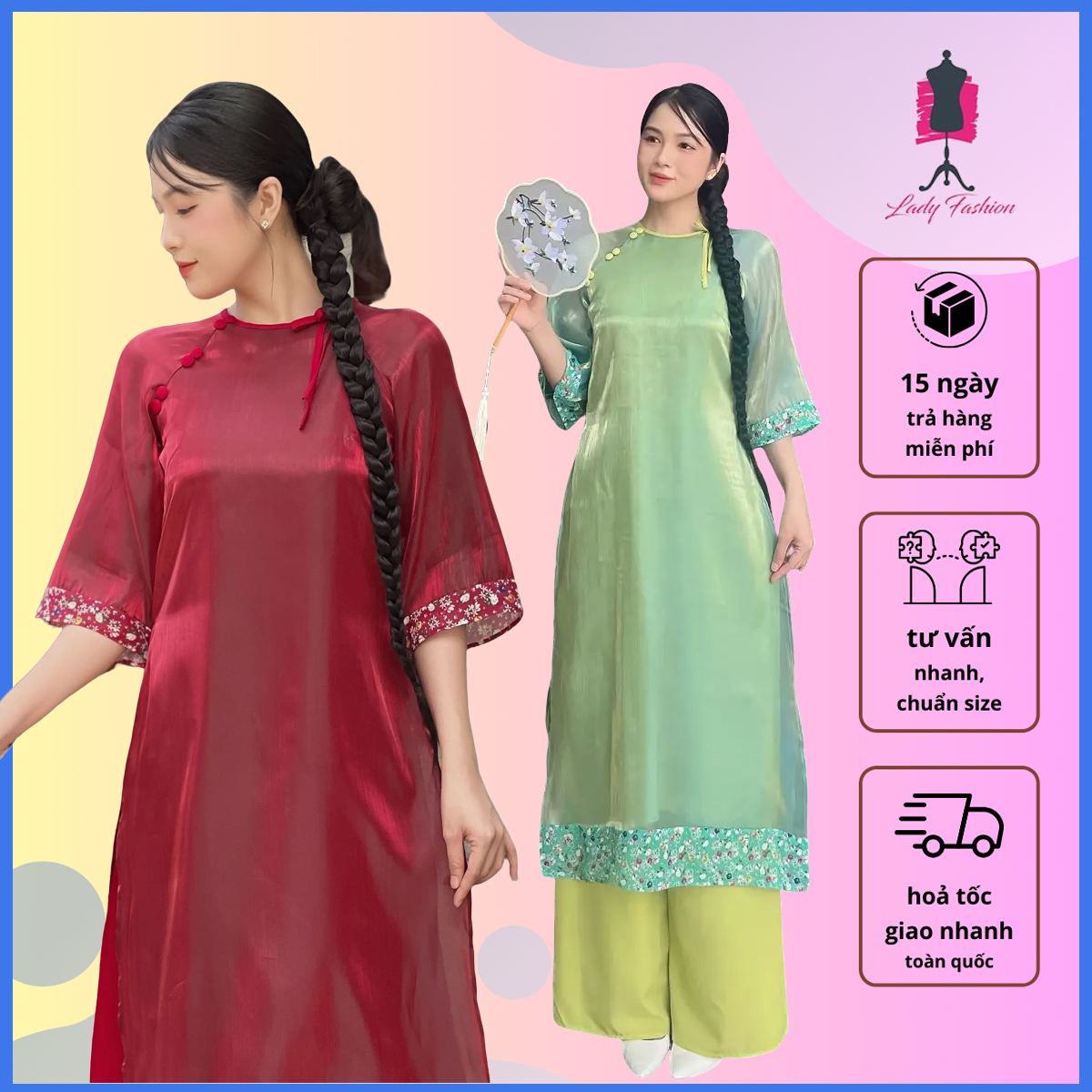 {HCM} Áo dài Cách tân tơ ánh kim  phối hoa nhí hiện đại 4 tà cao cấp AD028 – Khánh Linh Style