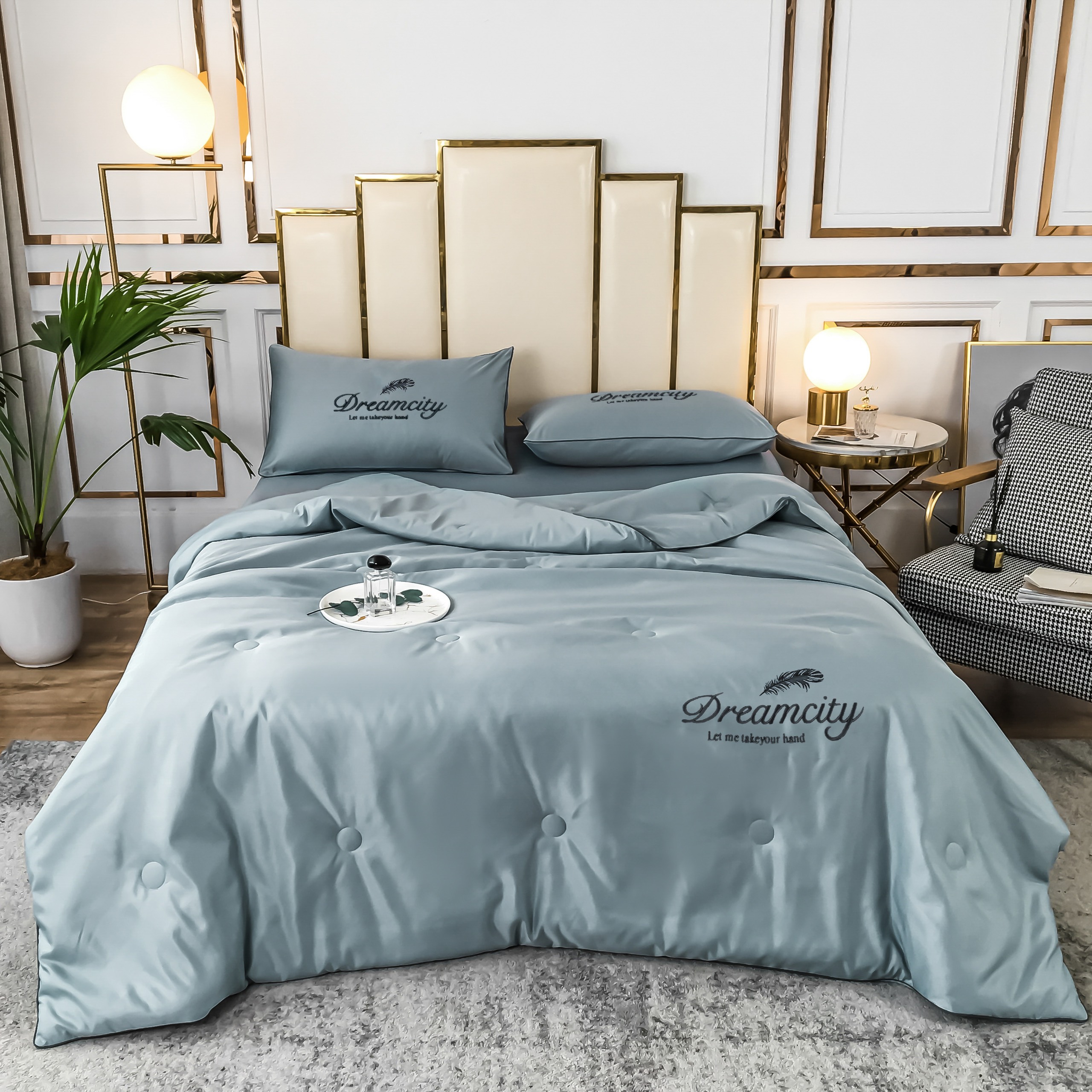 Set Chăn Ga Gối Cotton Lụa DreamCity Cao Cấp 4 Món Chăn Chần Hè