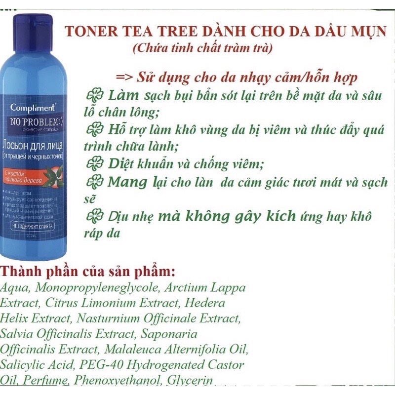Toner No Problem Compliment chứa BHA Salicylic Acid, Tea tree 200ml ( Full - Chiết )