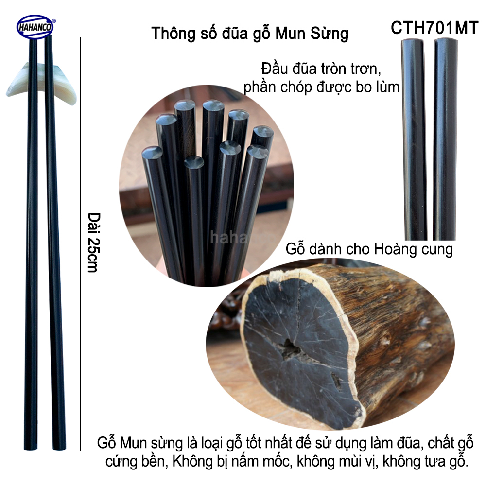 Đũa tròn gỗ Mun sừng trơn VIP - CTH701MT (Hộp 10 đôi rất đẹp) - Đũa gỗ tự nhiên cao cấp - Chopstick of HAHANCO