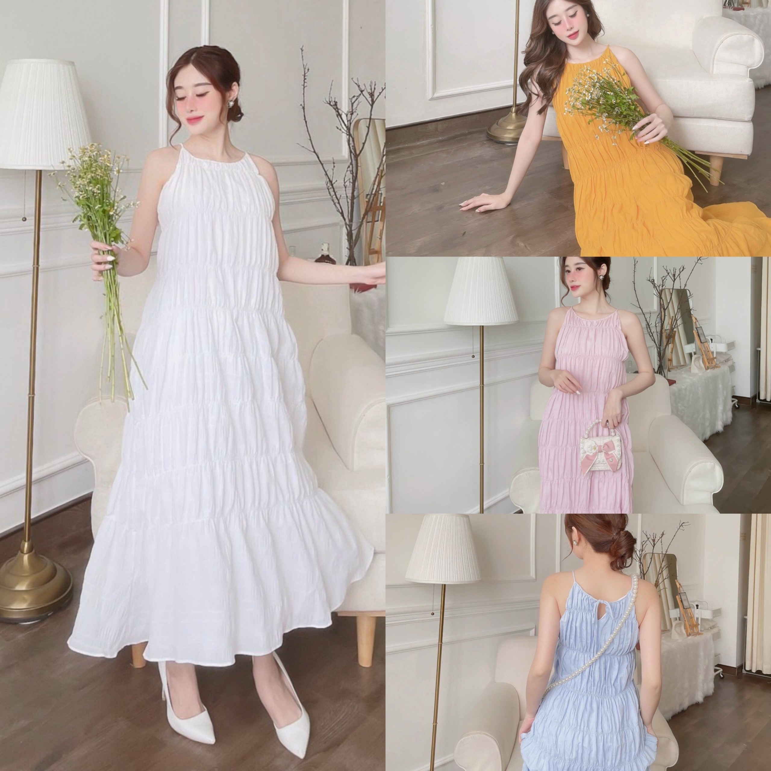 Đầm maxi 2 dây cổ yếm nhún tầng