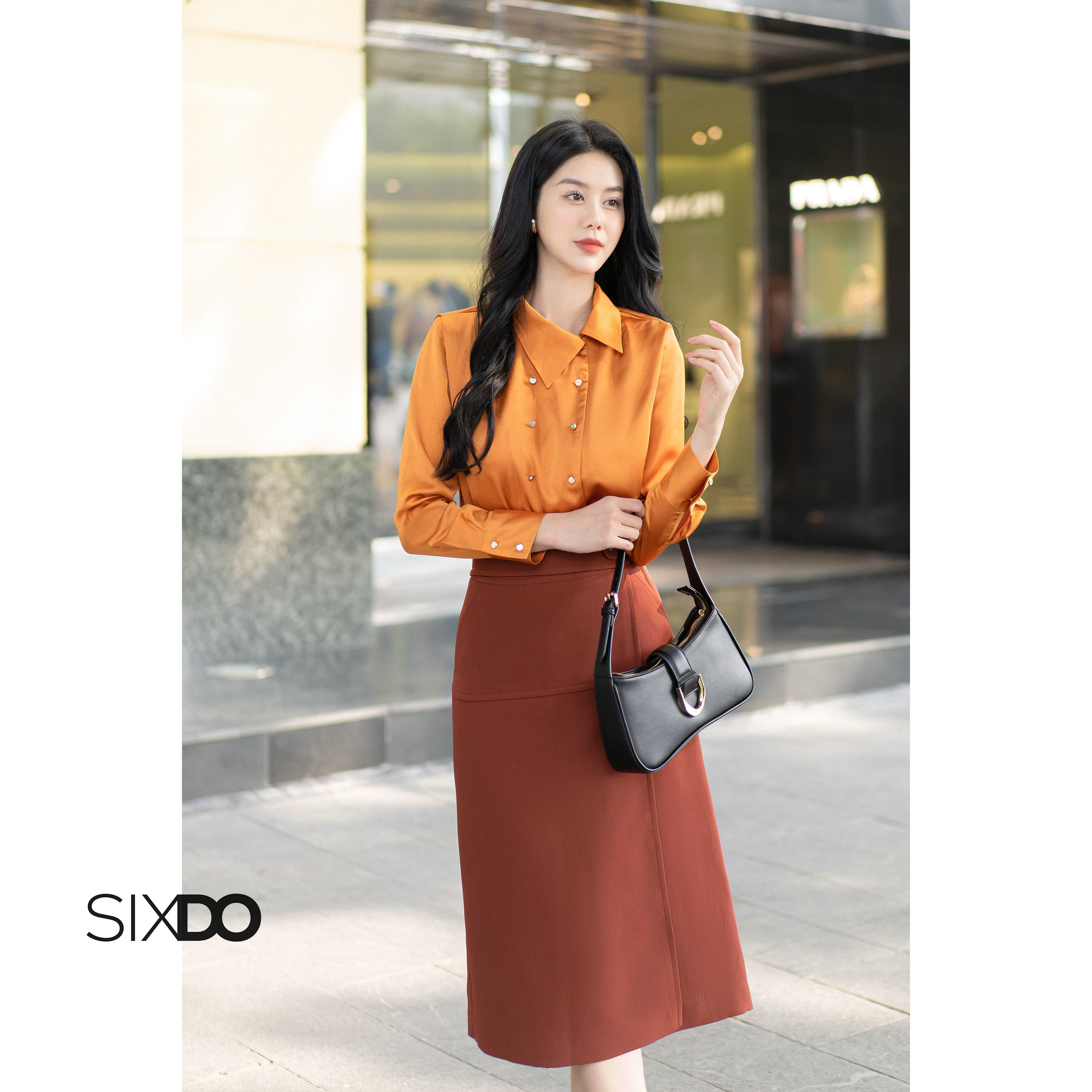 Áo sơ mi lụa nữ dài tay SIXDO (Ochre Long Sleeves Silk Shirt)