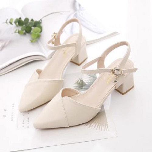 Giày cao gót 5 phân bít mũi NỐI hở gót đen kem ảnh thật