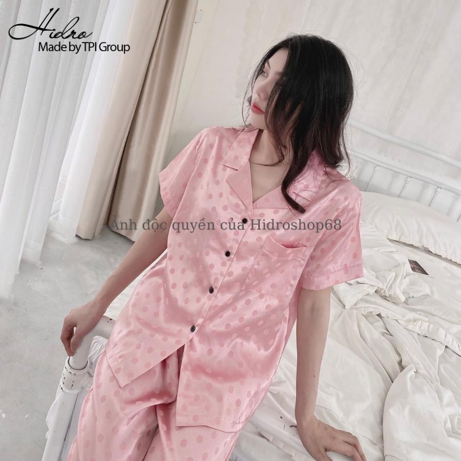 Đồ ngủ pijama lụa gấm chấm bi cộc dài