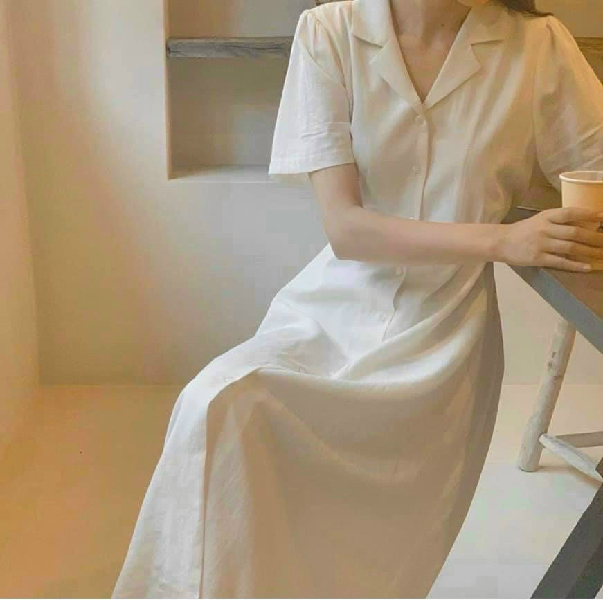 [HCM] Đầm maxi sơ mi trắng cổ vest thanh lịch