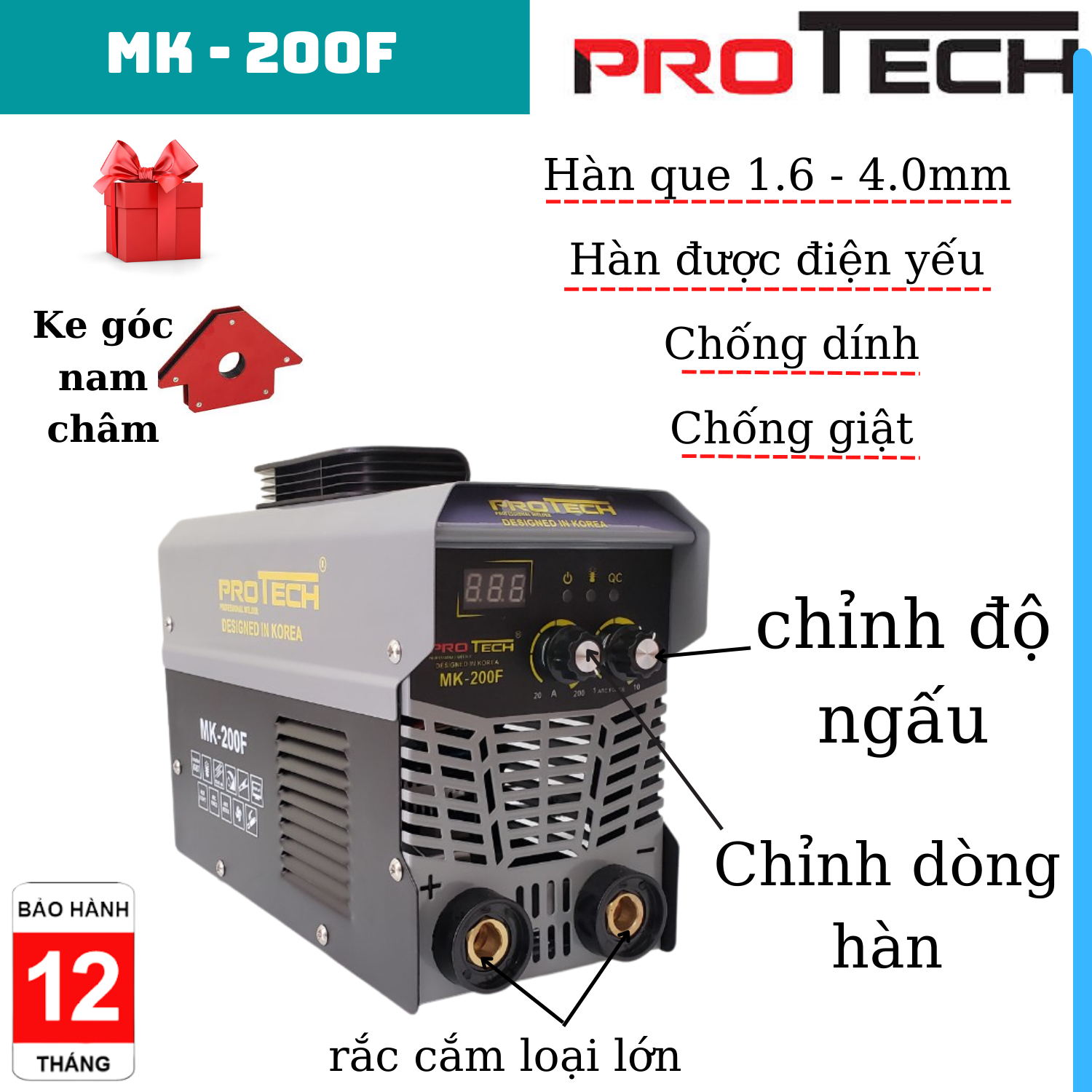 Máy hàn que thế hệ mới MK - 200F PROTECH rắc cắm lớn hàn que 2.5-4ly sử dụng chuyên dùng gia đình và thợ - Tặng kèm ke góc nam châm