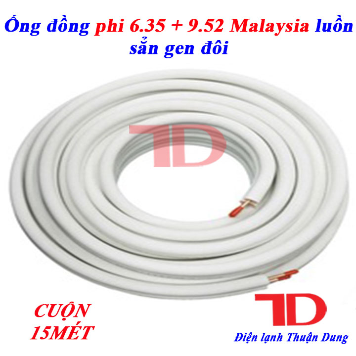 Ống đồng máy lạnh Malaysia 6.35+9.52 luồn sẳn gen đôi cách nhiệt dày 7 zem cuộn 15m - Điện Lạnh Thuận Dung