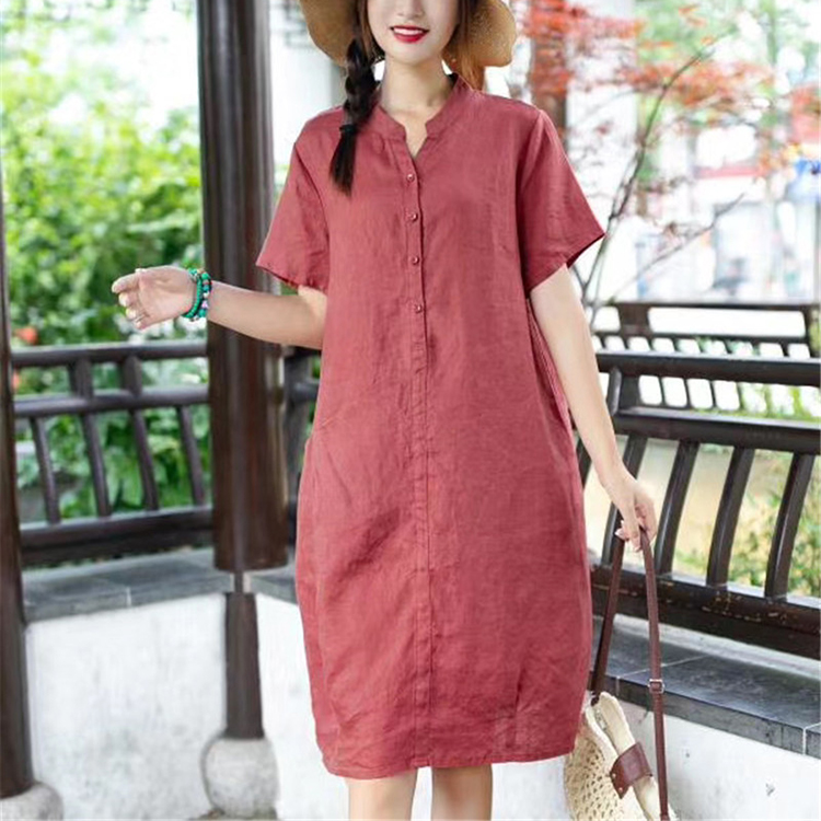 Đầm suông linen cổ trụ túi bổ trước OCCO, thời trang hè thu 2021 - Cam đất