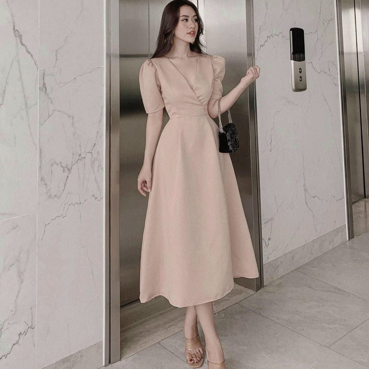 Đầm cổ V form dài 4 màu